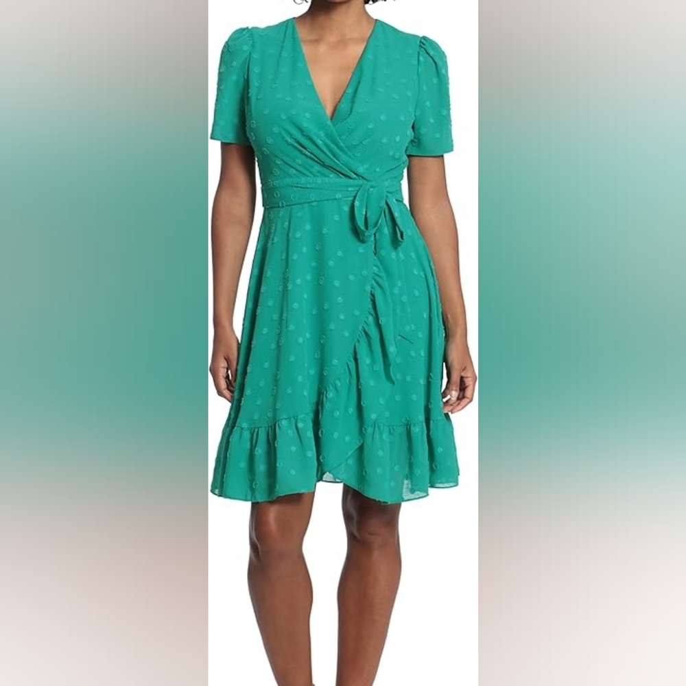 London Times Teal Green Wrap Dress with Ruffle Hem